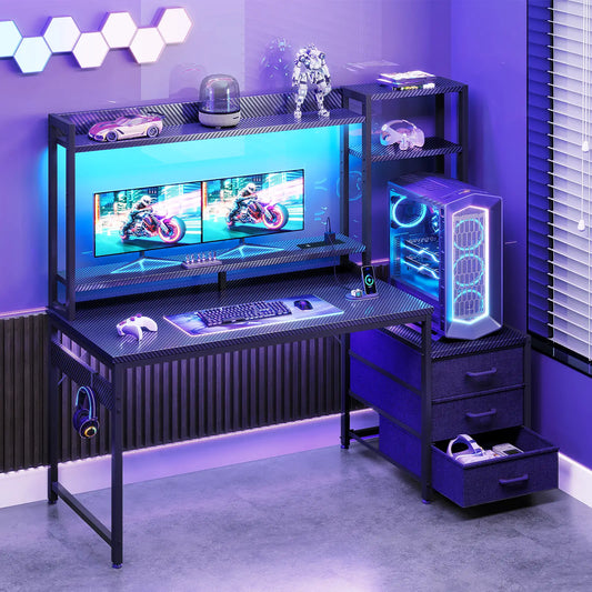 Coleshome gaming desk with USB ports tall storage shelf and 3 fabric drawers lifestyle main view