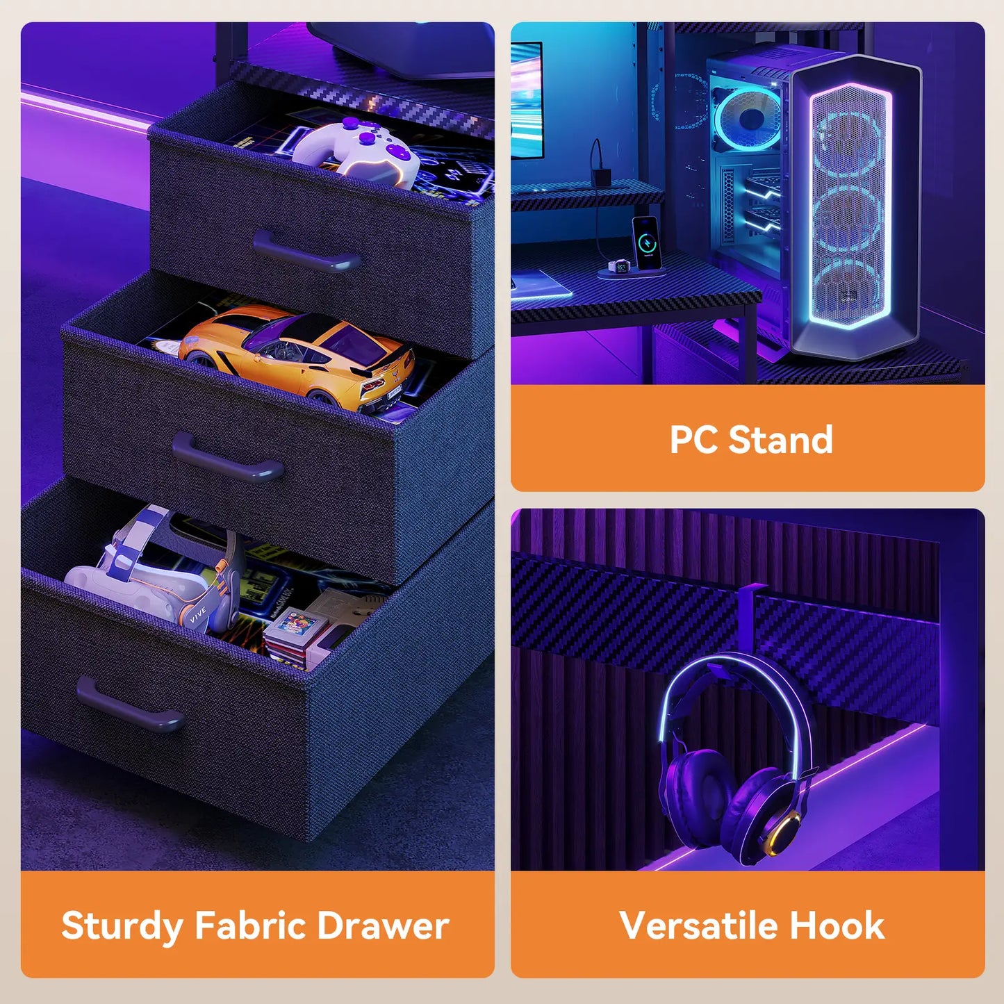 Coleshome gaming desk with USB ports tall storage shelf and 3 fabric drawers measurement space saving
