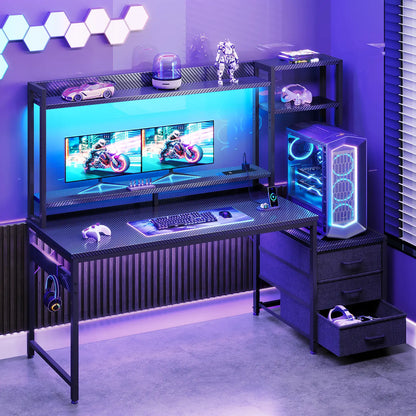 Coleshome gaming desk with USB ports tall storage shelf and 3 fabric drawers lifestyle main view