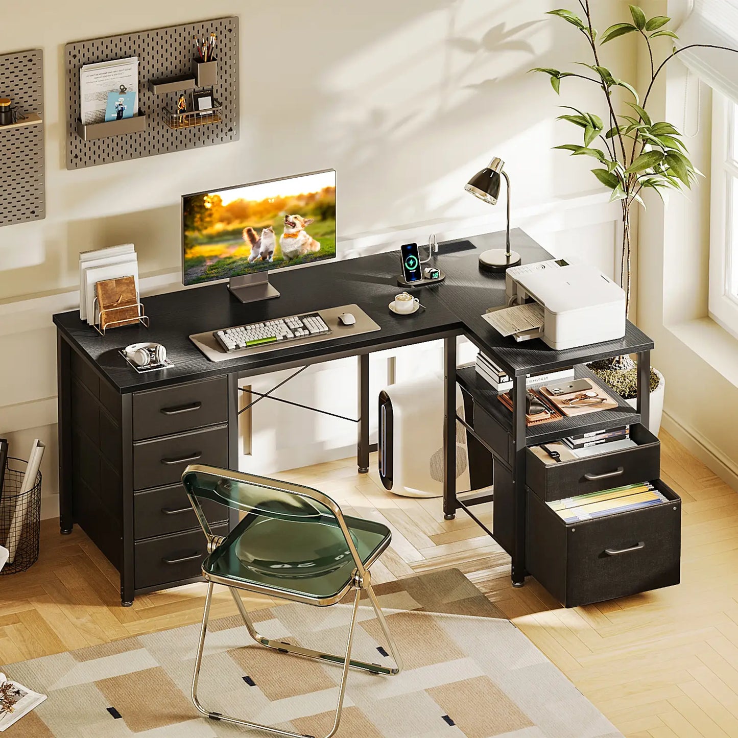 Coleshome black L-shaped computer desk with USB ports and 6 fabric drawers lifestyle main view