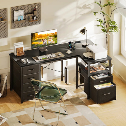 Coleshome black L-shaped computer desk with USB ports and 6 fabric drawers lifestyle main view