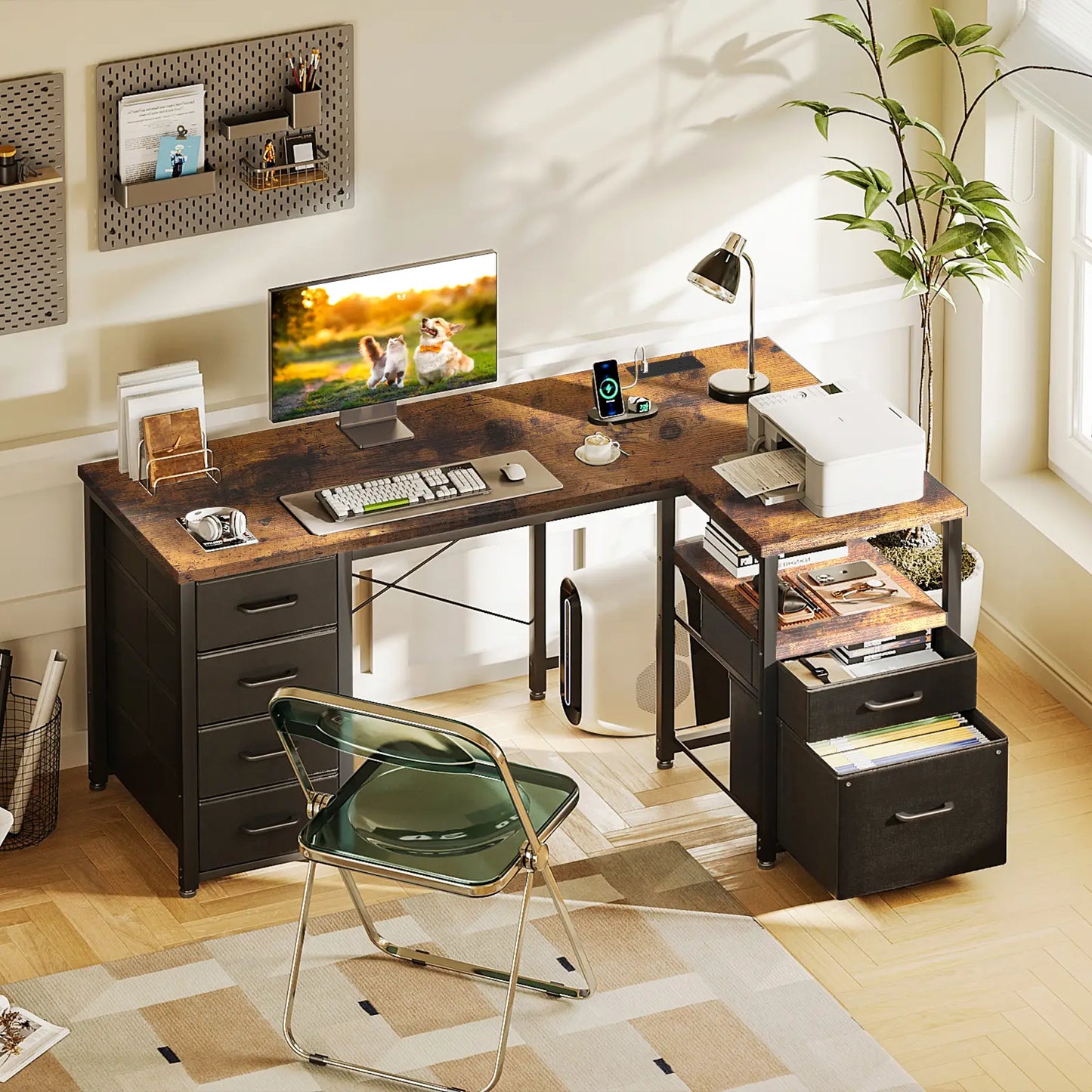 Coleshome rustic brown L-shaped computer desk with USB ports and 6 fabric drawers lifestyle main view