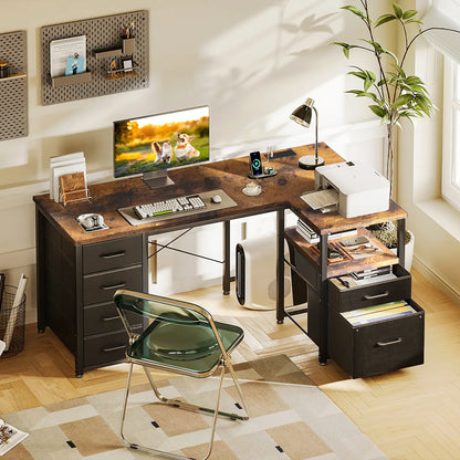 Coleshome rustic brown L-shaped computer desk with USB ports and 6 fabric drawers lifestyle main view