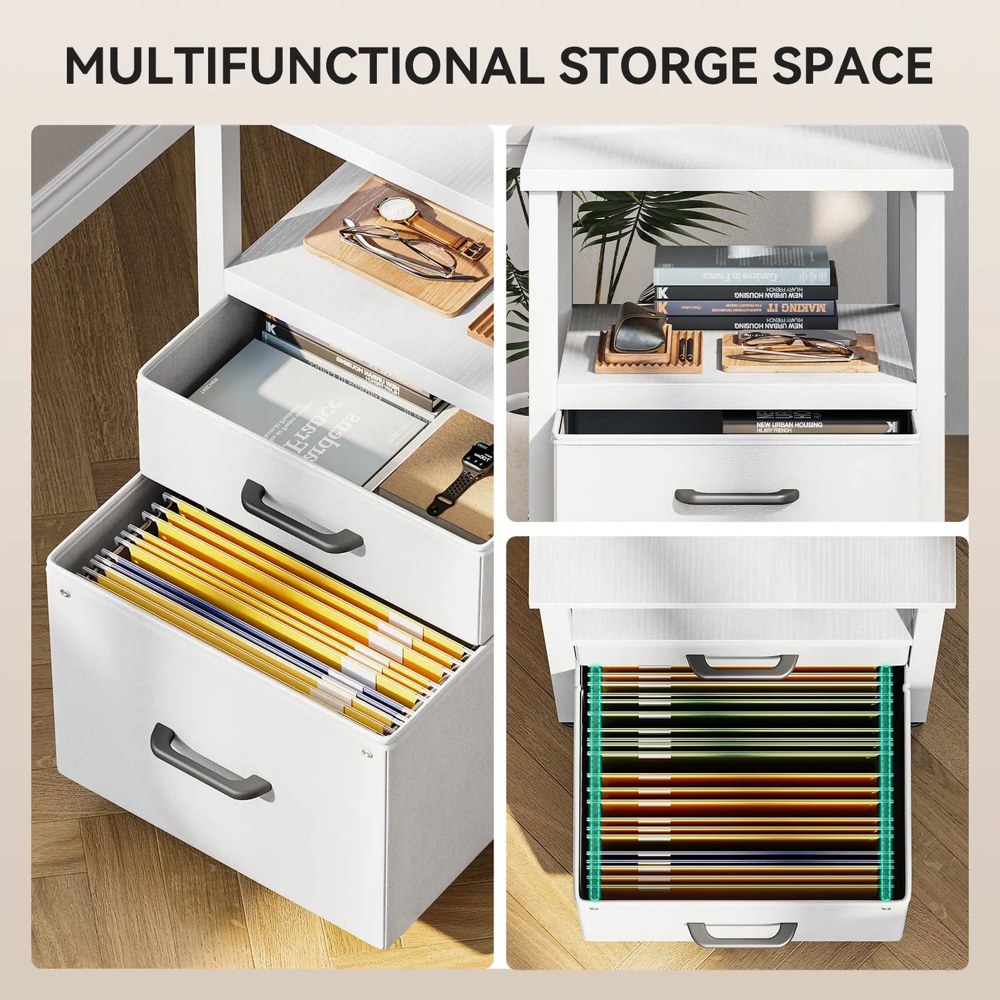 Coleshome white L-shaped computer desk with USB ports and 6 fabric drawers detail functional design