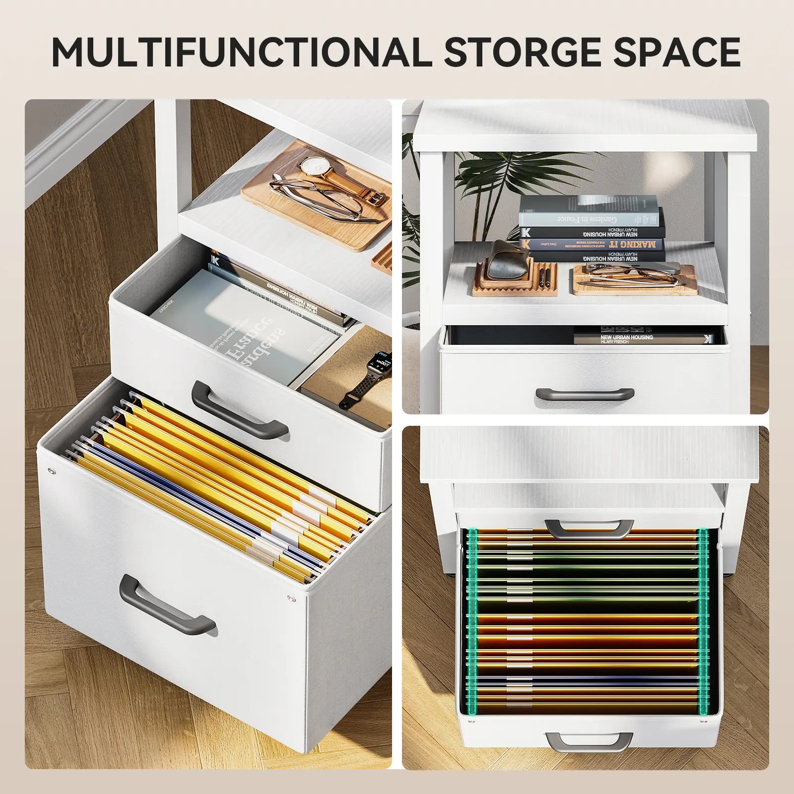 Coleshome white L-shaped computer desk with USB ports and 6 fabric drawers detail functional design