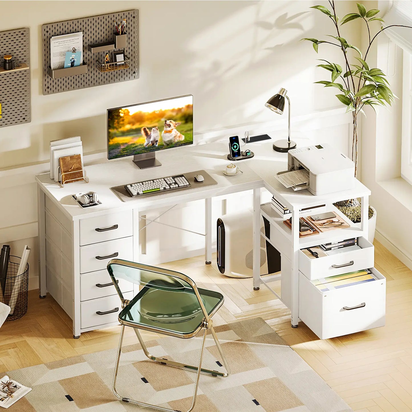 Coleshome white L-shaped computer desk with USB ports and 6 fabric drawers lifestyle main view