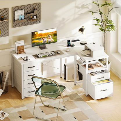 Coleshome white L-shaped computer desk with USB ports and 6 fabric drawers lifestyle main view