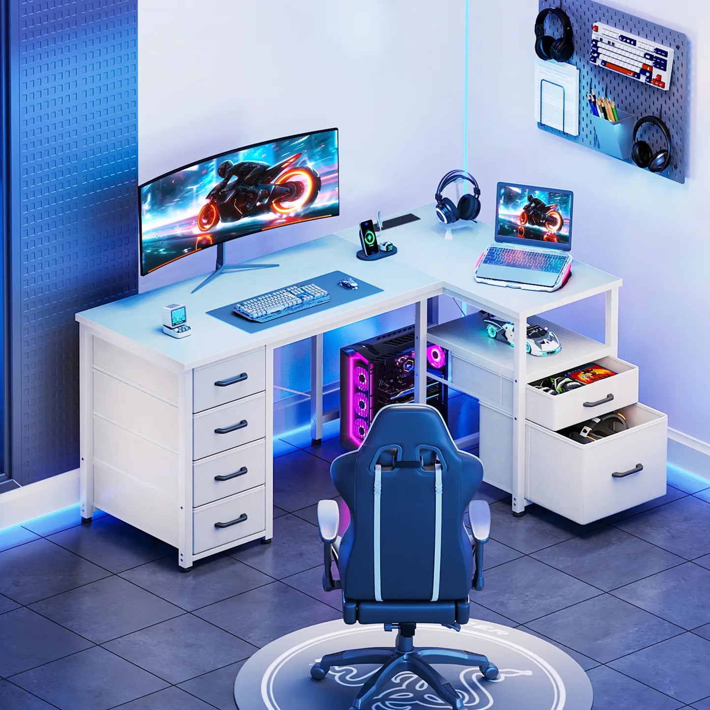 Coleshome white L-shaped computer desk with USB ports and 6 fabric drawers measurement space saving