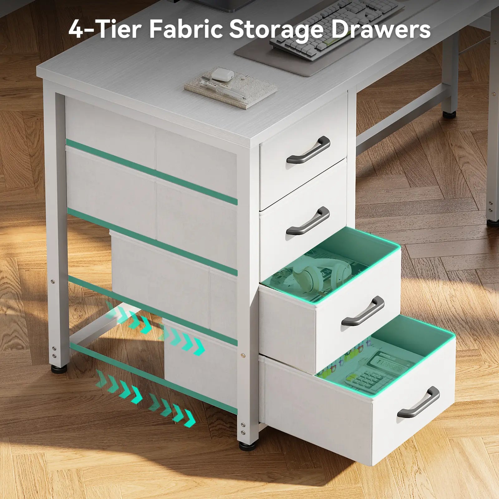 Coleshome white L-shaped computer desk with USB ports and 6 fabric drawers storage organization