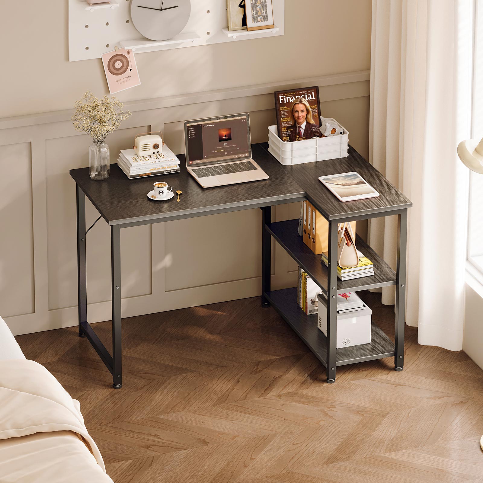 Black 100cm x 70cm small corner desk with side storage shelves, compact home office workstation in bedroom setup with laptop, books, and decor.