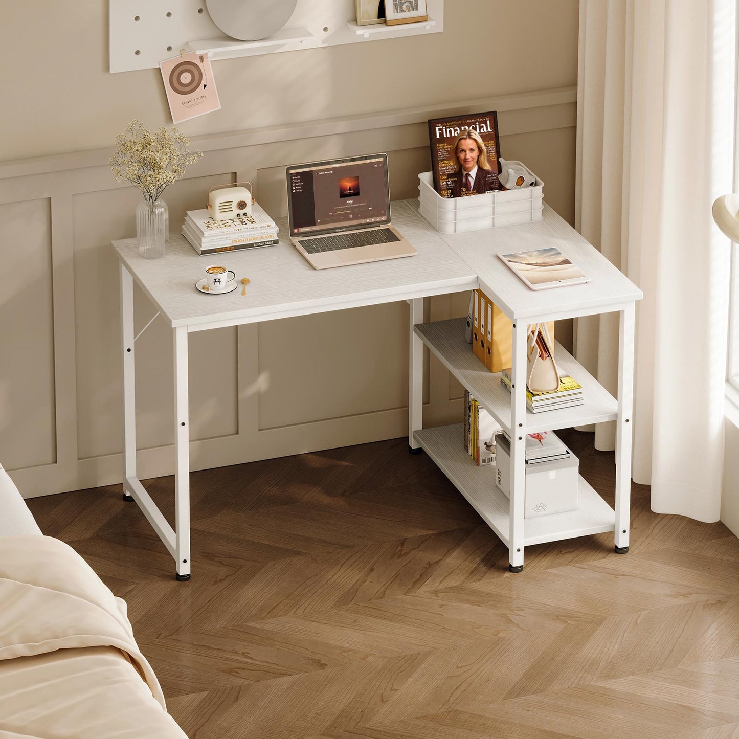 White 100cm x 70cm small corner desk with side storage shelves, space-saving study desk for bedroom or home office with laptop and organizer basket.