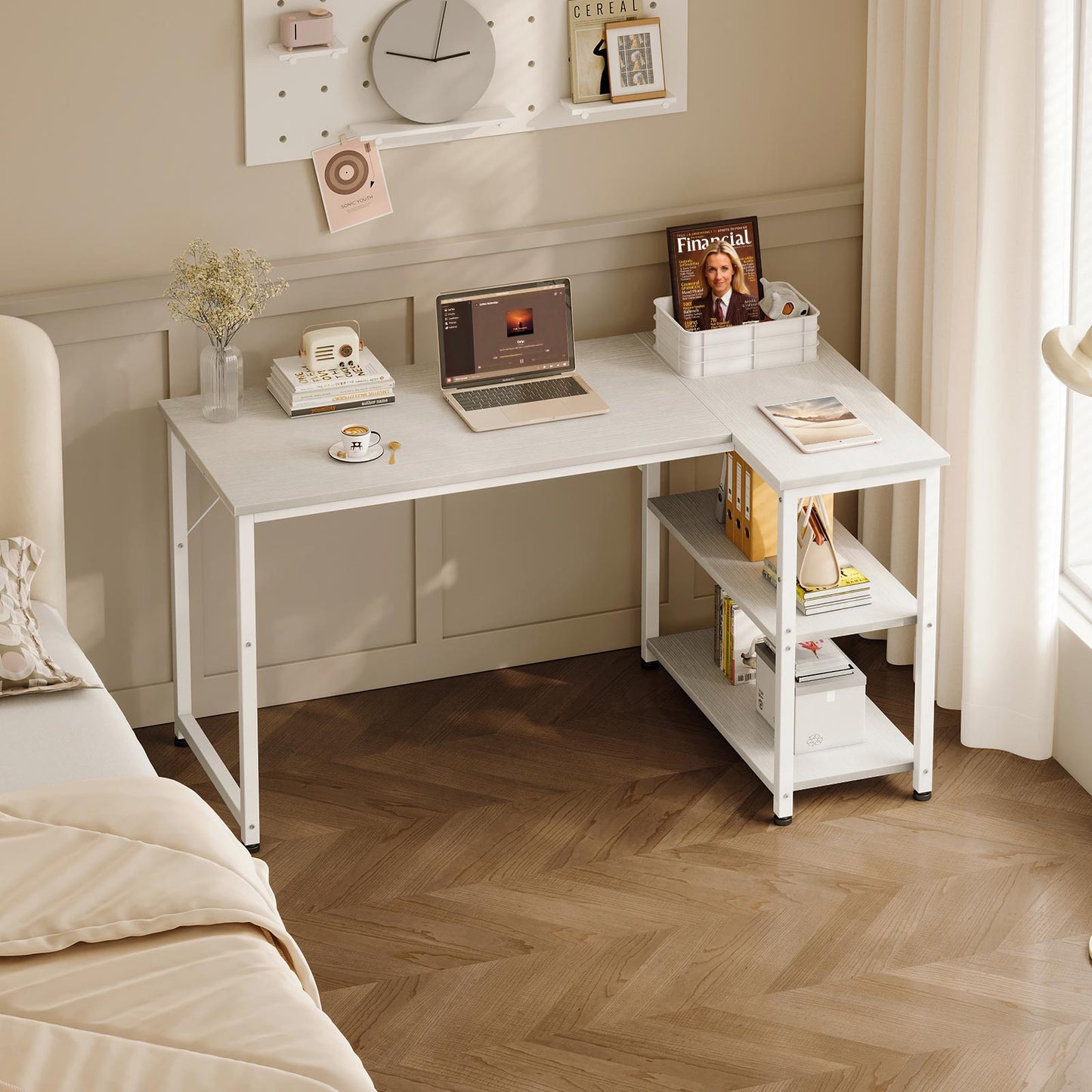 White 120cm x 70cm corner desk with side storage shelves, minimalist computer desk for bedroom or study room with laptop, books, and tabletop decor.