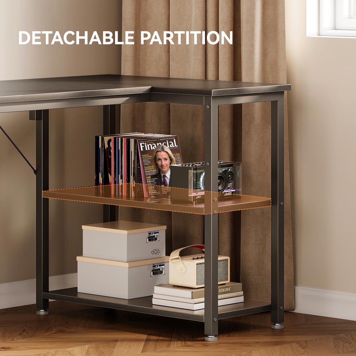 Black corner desk side shelving detail with detachable partition, removable middle shelf design for flexible storage of books, magazines, and taller items.