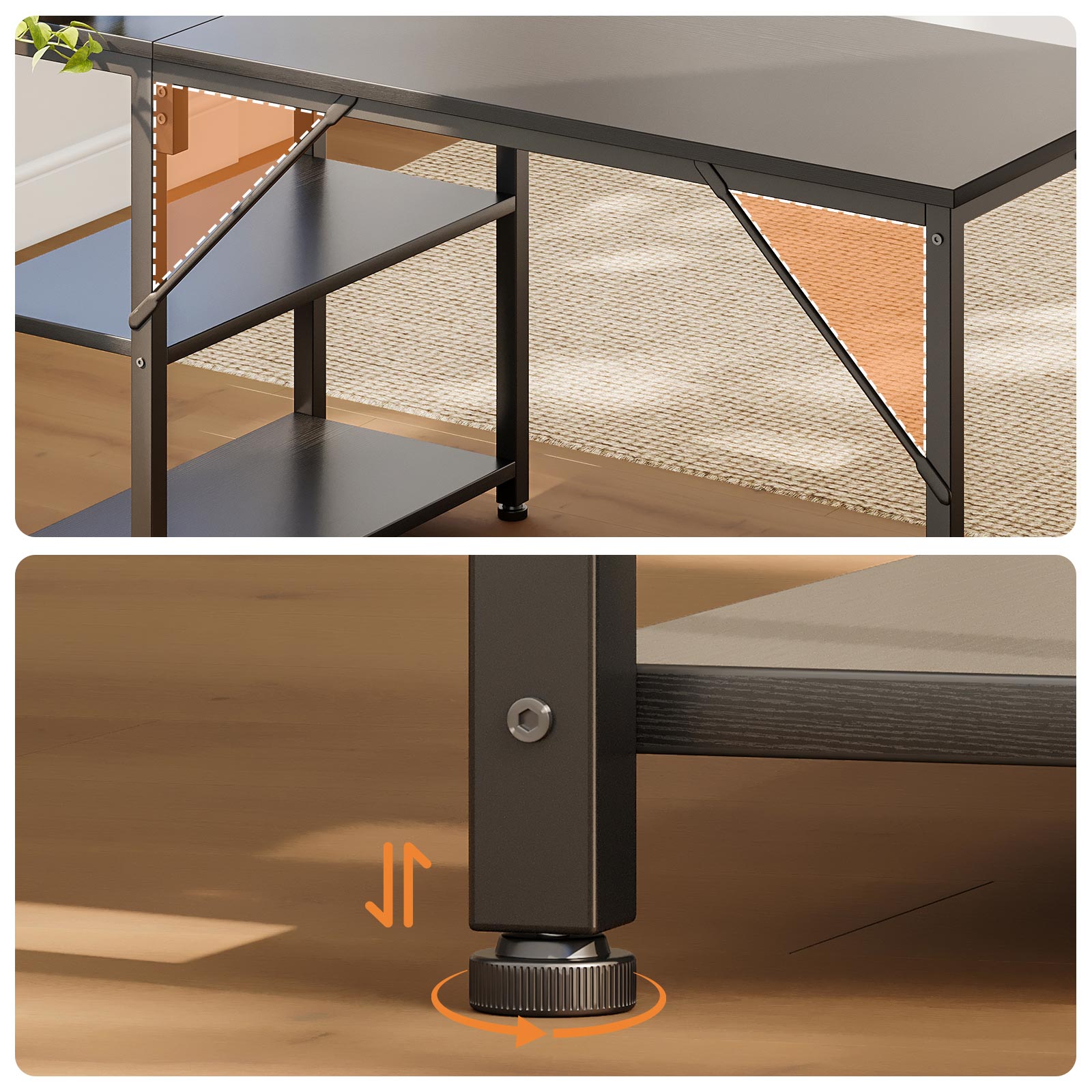 Desk stability feature close-up showing reinforced support brackets and adjustable leveling foot pads, designed for stronger frame support and uneven floor adjustment.