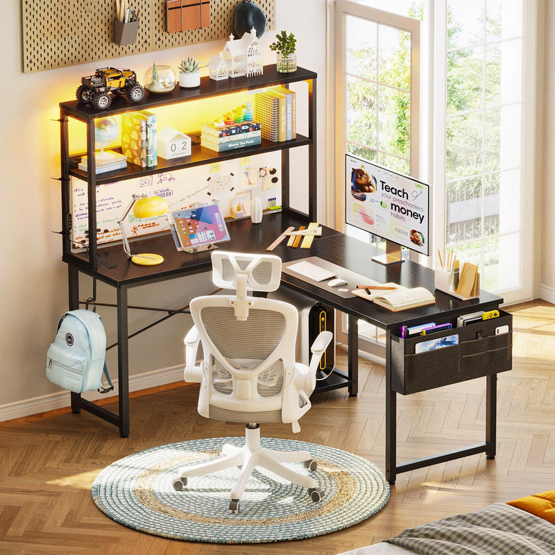 Coleshome L-Shaped Gaming Desk with LED Lights and Shelves