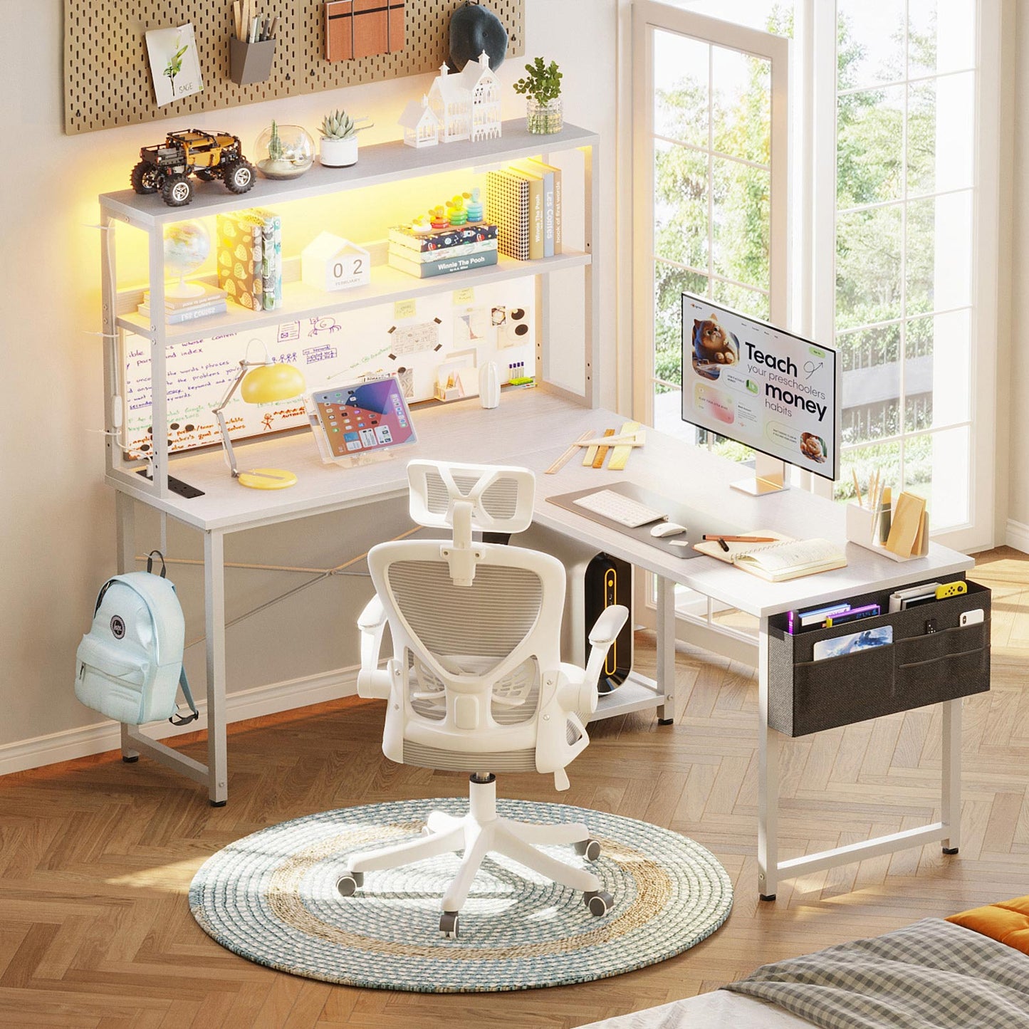 White 135cm x 100cm L-shaped desk with hutch shelves, LED light strip, and side hanging fabric storage drawer, displayed in a modern bedroom study scene.