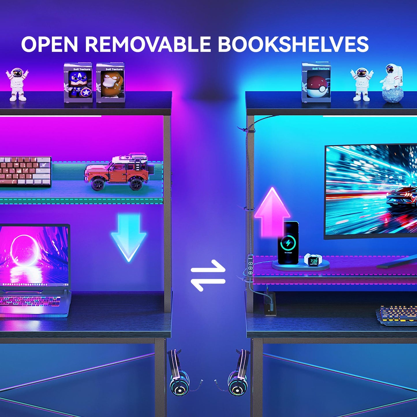 Feature graphic of L-shaped desk with open removable bookshelves, showing adjustable upper shelf positions for flexible monitor clearance, display storage, and gaming setup customization.