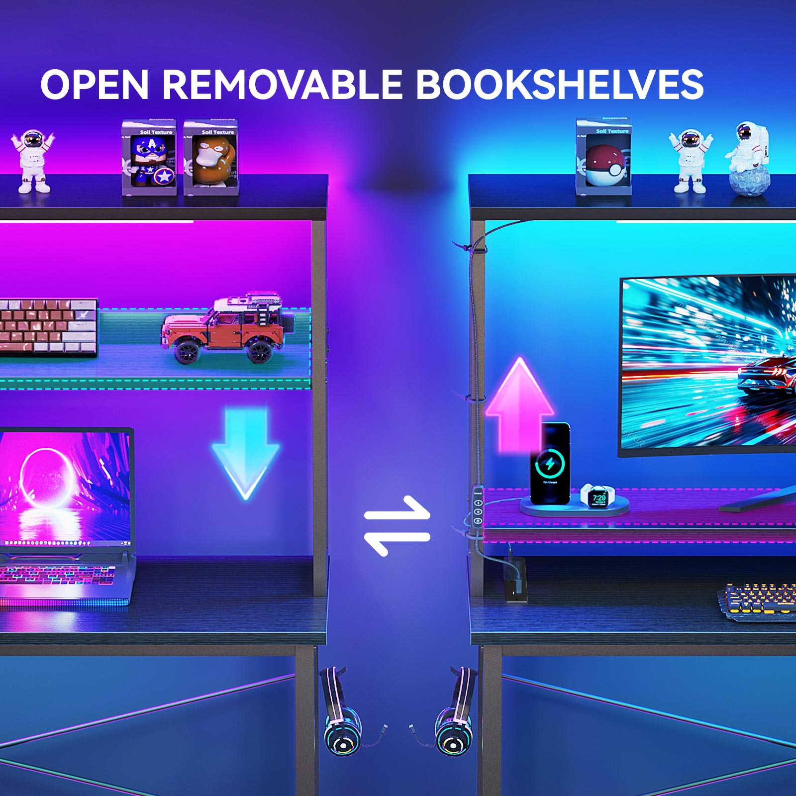 Feature graphic of L-shaped desk with open removable bookshelves, showing adjustable upper shelf positions for flexible monitor clearance, display storage, and gaming setup customization.