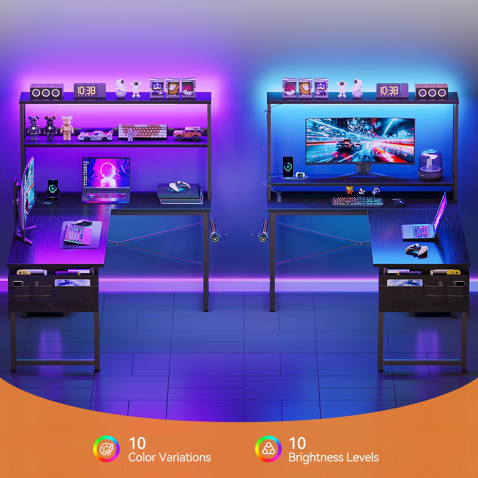 RGB gaming desk with hutch and side fabric drawer organizer, shown with dual setup display and feature callouts for 10 color variations and 10 brightness levels.