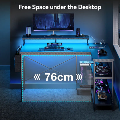 Coleshome black carbon fibre L-shaped gaming desk with USB ports side shelves and LED lights close up durable build