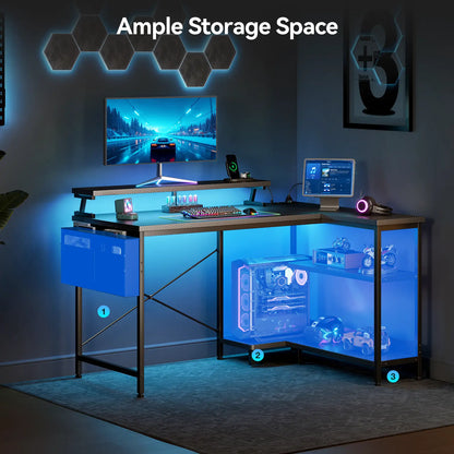 Coleshome black carbon fibre L-shaped gaming desk with USB ports side shelves and LED lights lifestyle extra view
