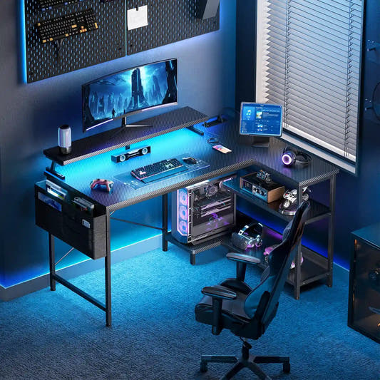 Coleshome black carbon fibre L-shaped gaming desk with USB ports side shelves and LED lights lifestyle main view