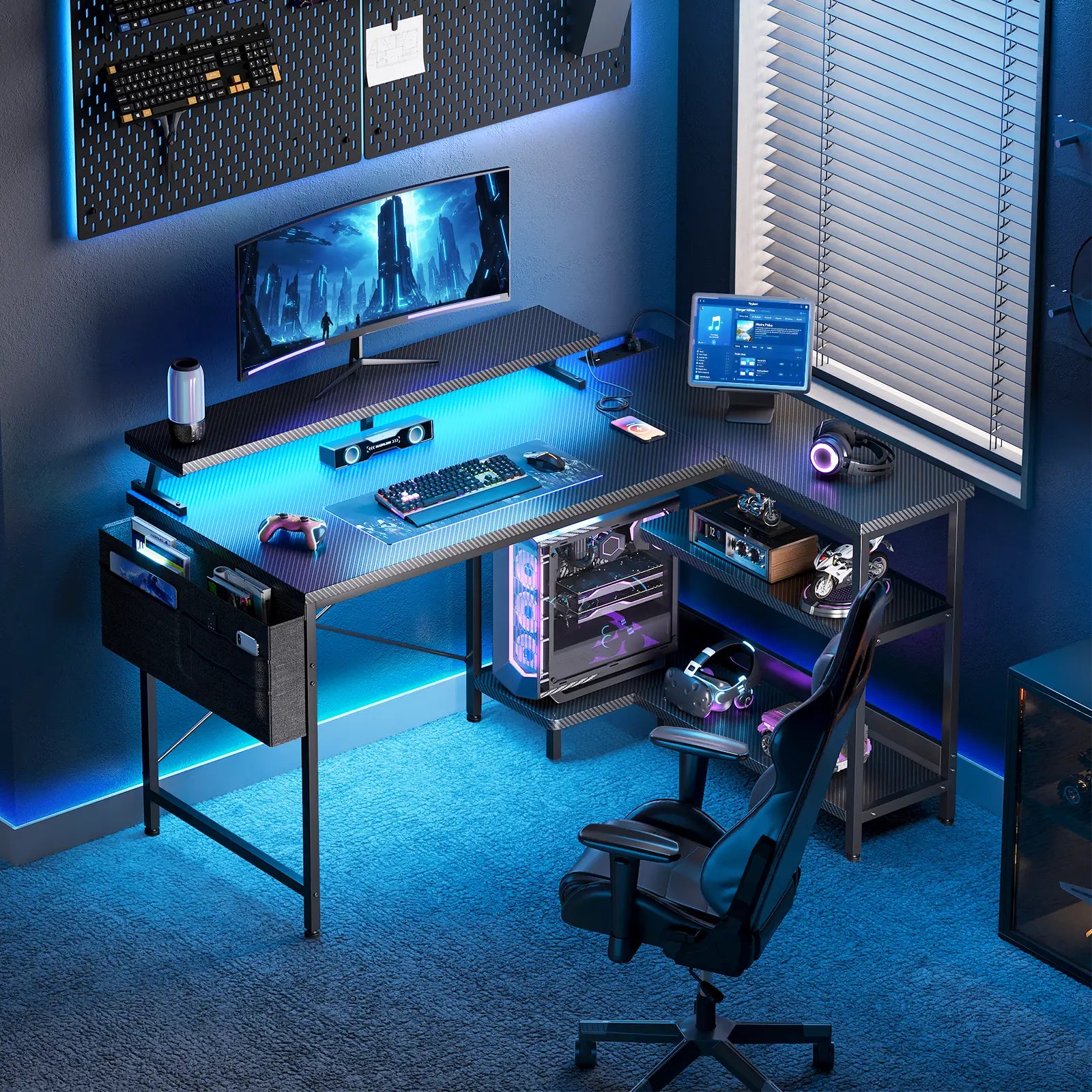 Coleshome black carbon fibre L-shaped gaming desk with USB ports side shelves and LED lights lifestyle main view