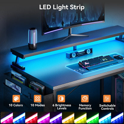 Coleshome black carbon fibre L-shaped gaming desk with USB ports side shelves and LED lights storage organization