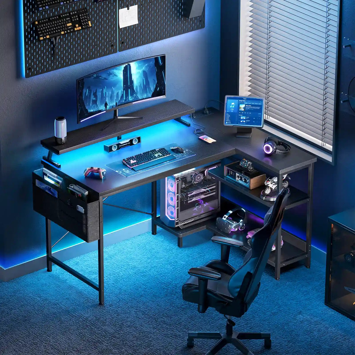 Coleshome black L-shaped gaming desk with USB ports side shelves and LED lights lifestyle main view