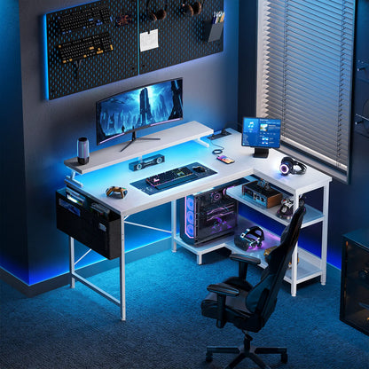 Coleshome white L-shaped gaming desk with USB ports side shelves and LED lights lifestyle main view