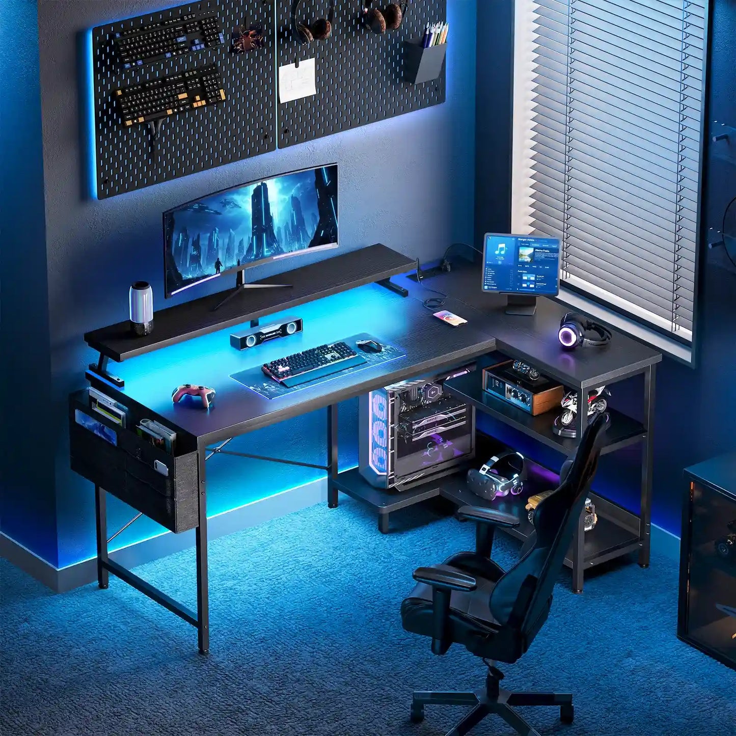 Coleshome black carbon fibre L-shaped gaming desk with USB ports side shelves and LED lights lifestyle main view