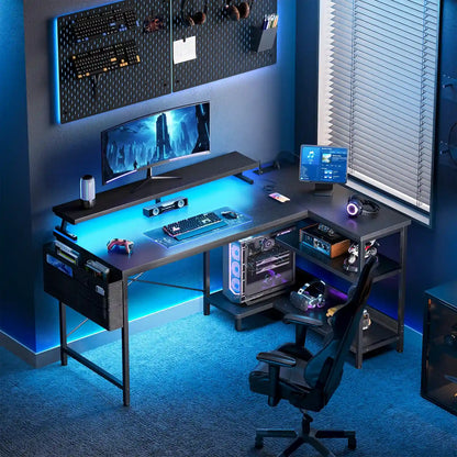 Coleshome black carbon fibre L-shaped gaming desk with USB ports side shelves and LED lights lifestyle main view
