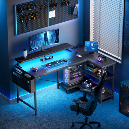 Coleshome black carbon fibre L-shaped gaming desk with USB ports side shelves and LED lights lifestyle main view