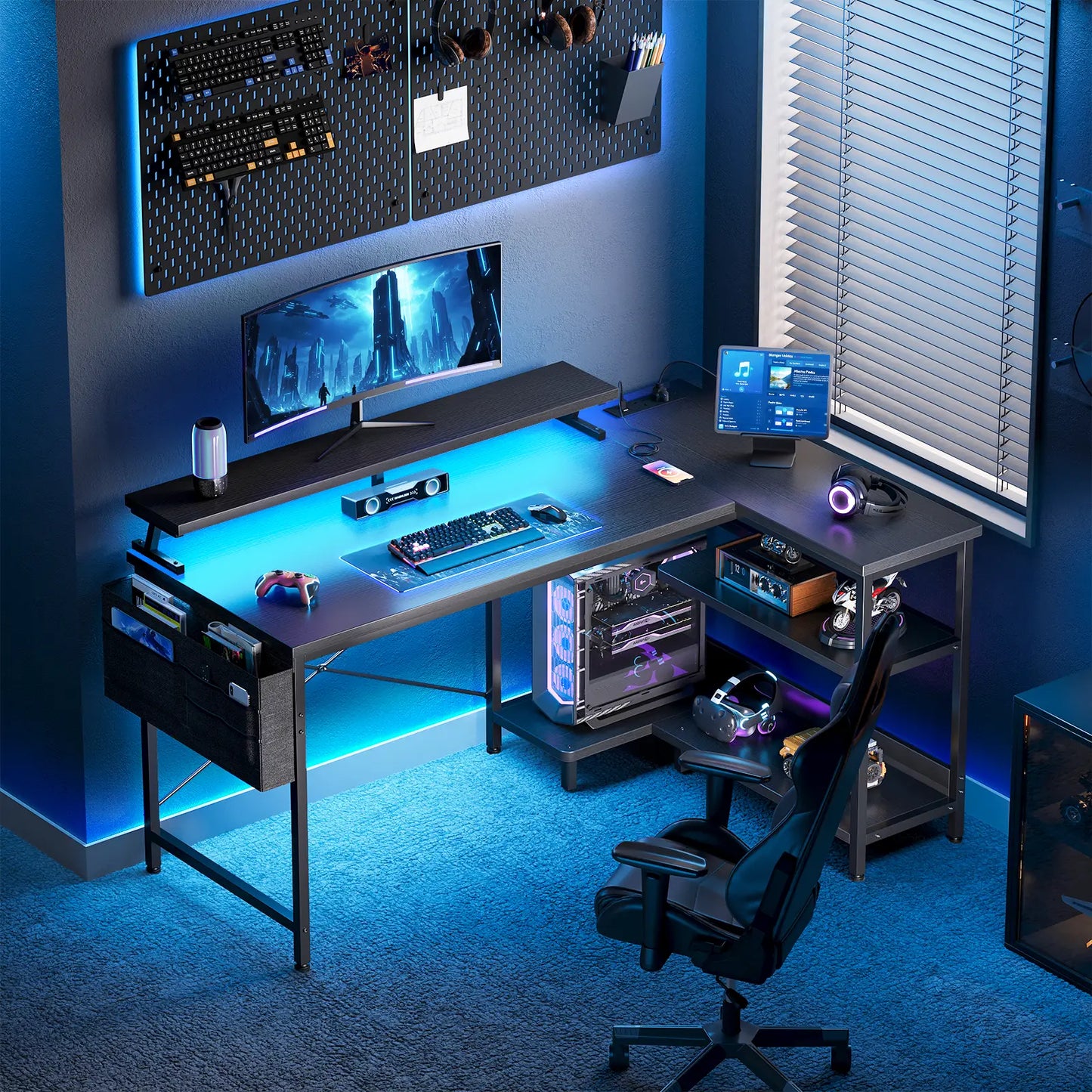 Coleshome black L-shaped gaming desk with USB ports side shelves and LED lights lifestyle main view