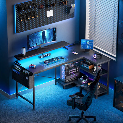 Coleshome black L-shaped gaming desk with USB ports side shelves and LED lights lifestyle main view