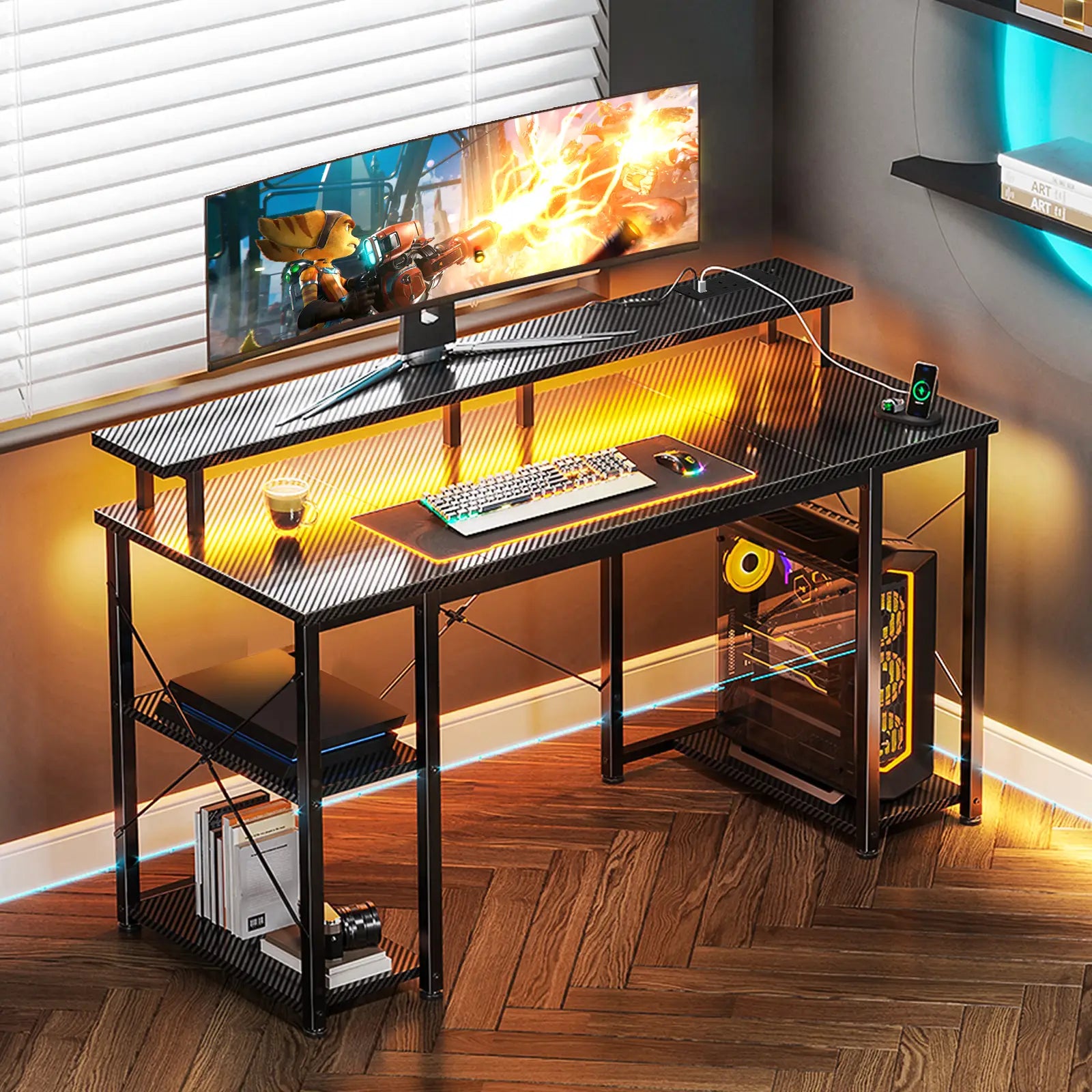 Black Space-Saving Gaming Desk with LED Lights and Charging Ports for Bedrooms, Home Offices