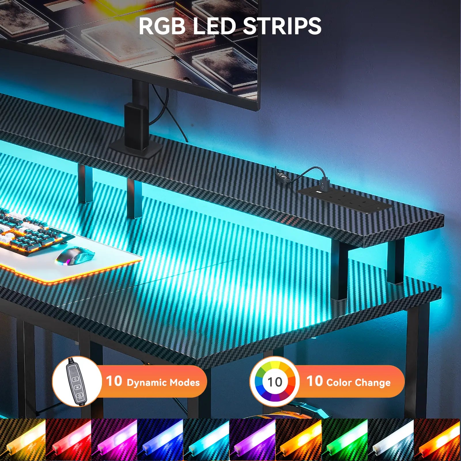 The gaming desk with LED lights featuring 10 colour modes for immersive gaming atmosphere.