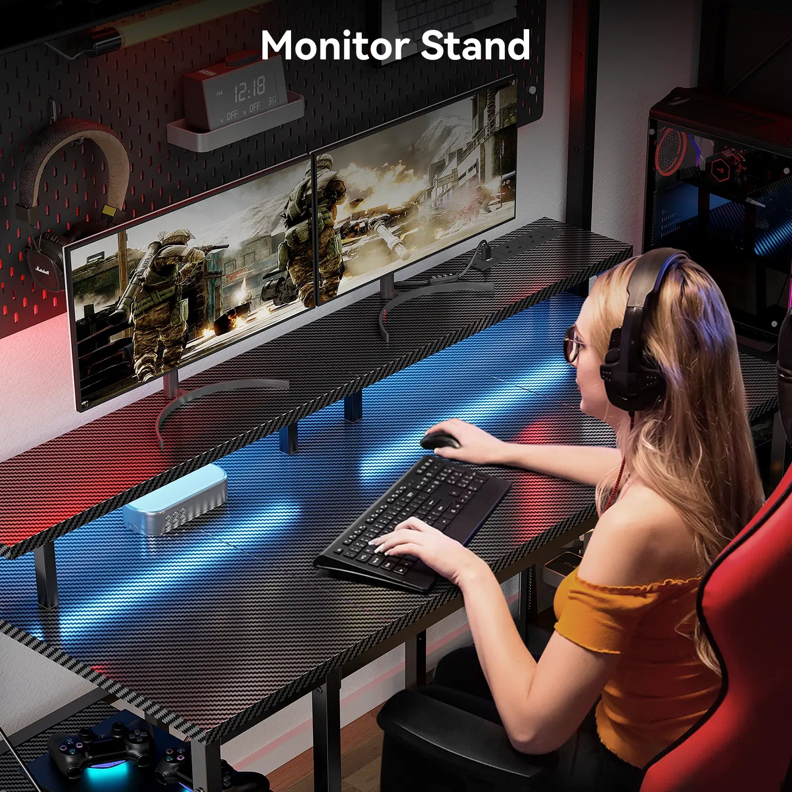 The desk with monitor stand for ergonomic screen height and better posture.
