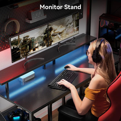 The desk with monitor stand for ergonomic screen height and better posture.