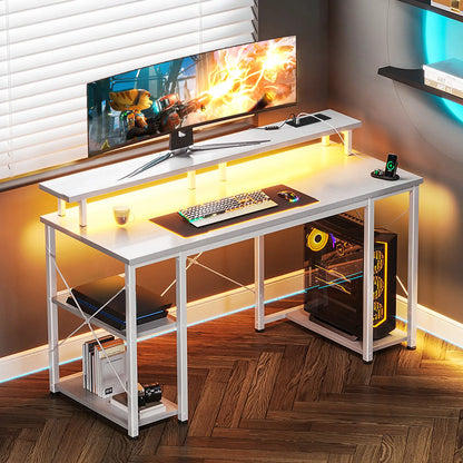 White Space-Saving Gaming Desk with LED Lights and Charging Ports for Small Spaces