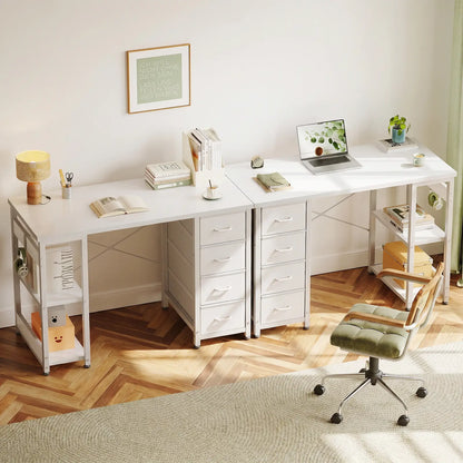 Coleshome white narrow computer desk with 4 drawers and side shelves detail functional design