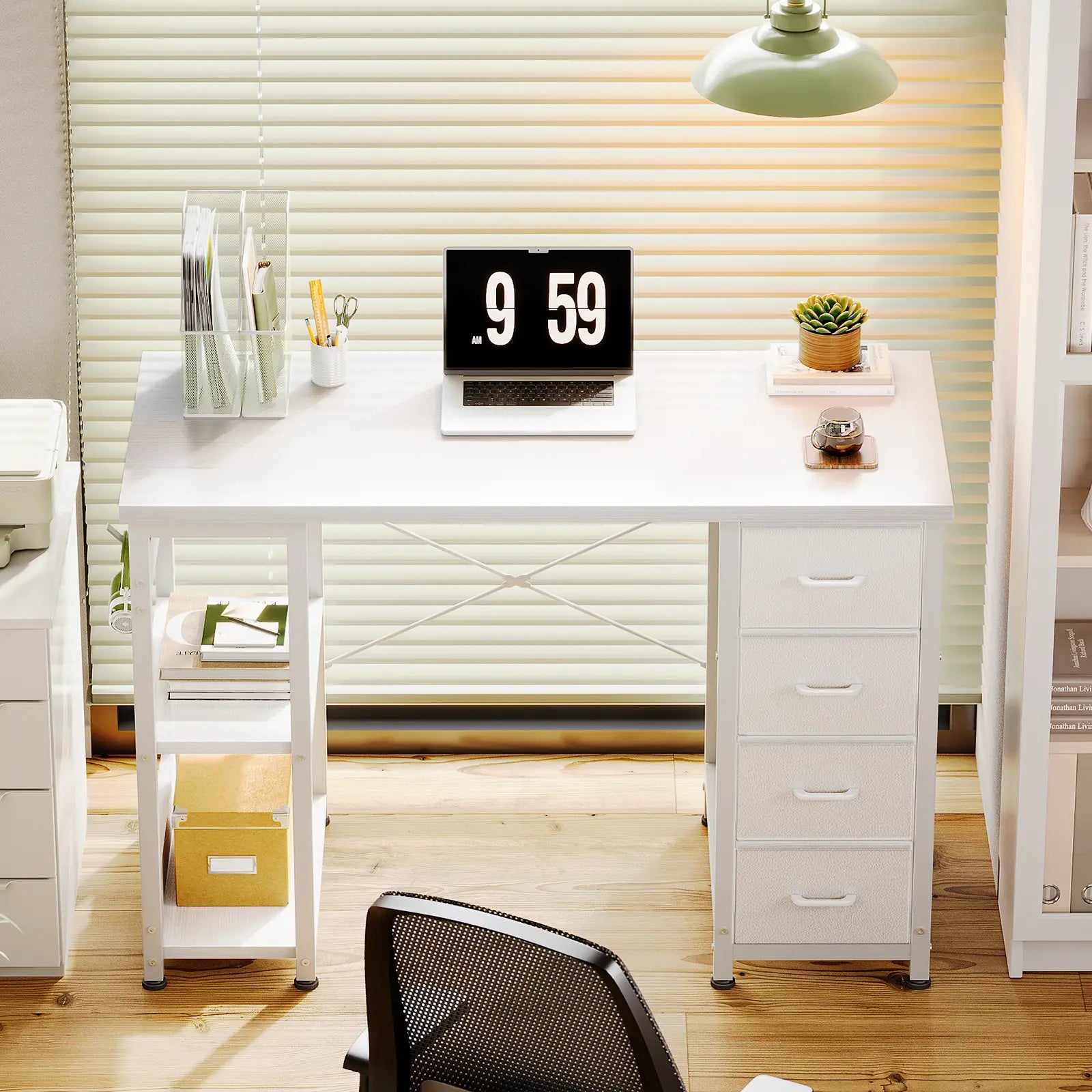 Coleshome white narrow computer desk with 4 drawers and side shelves home office room setup