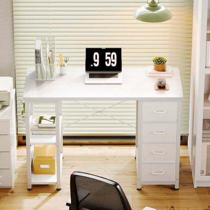 Coleshome white narrow computer desk with 4 drawers and side shelves home office room setup