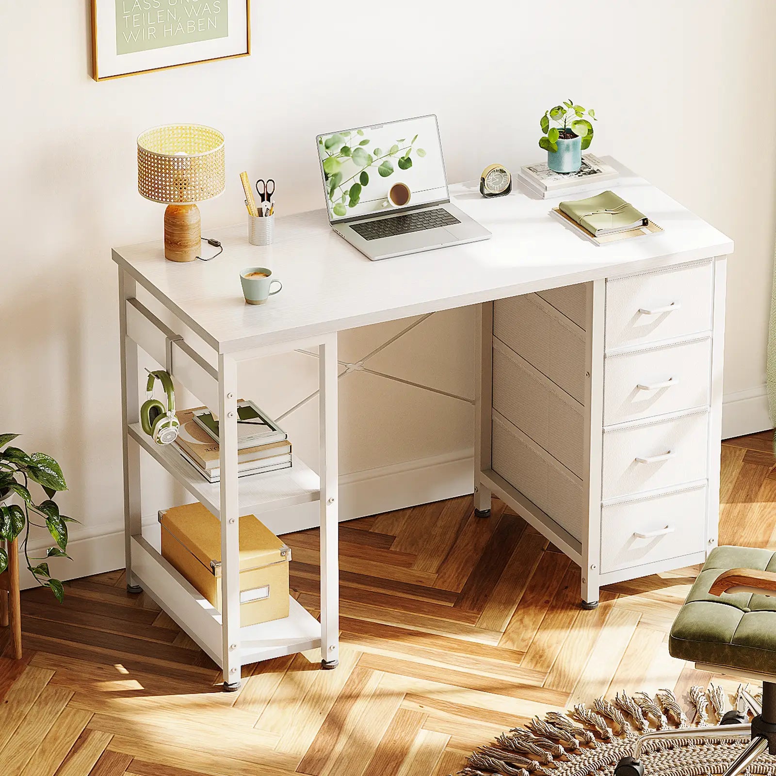 Coleshome white narrow computer desk with 4 drawers and side shelves lifestyle main view