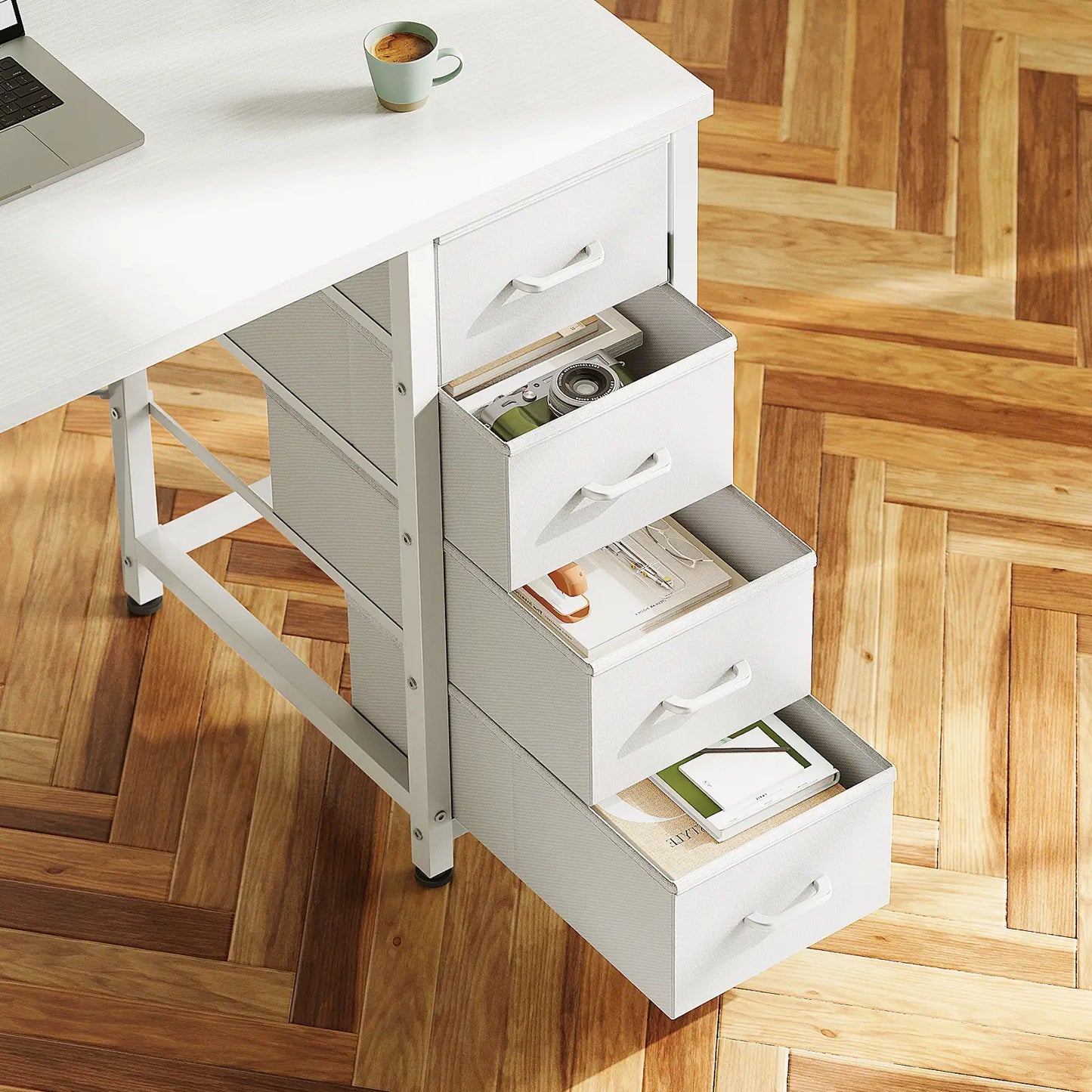 Coleshome white narrow computer desk with 4 drawers and side shelves measurement space saving