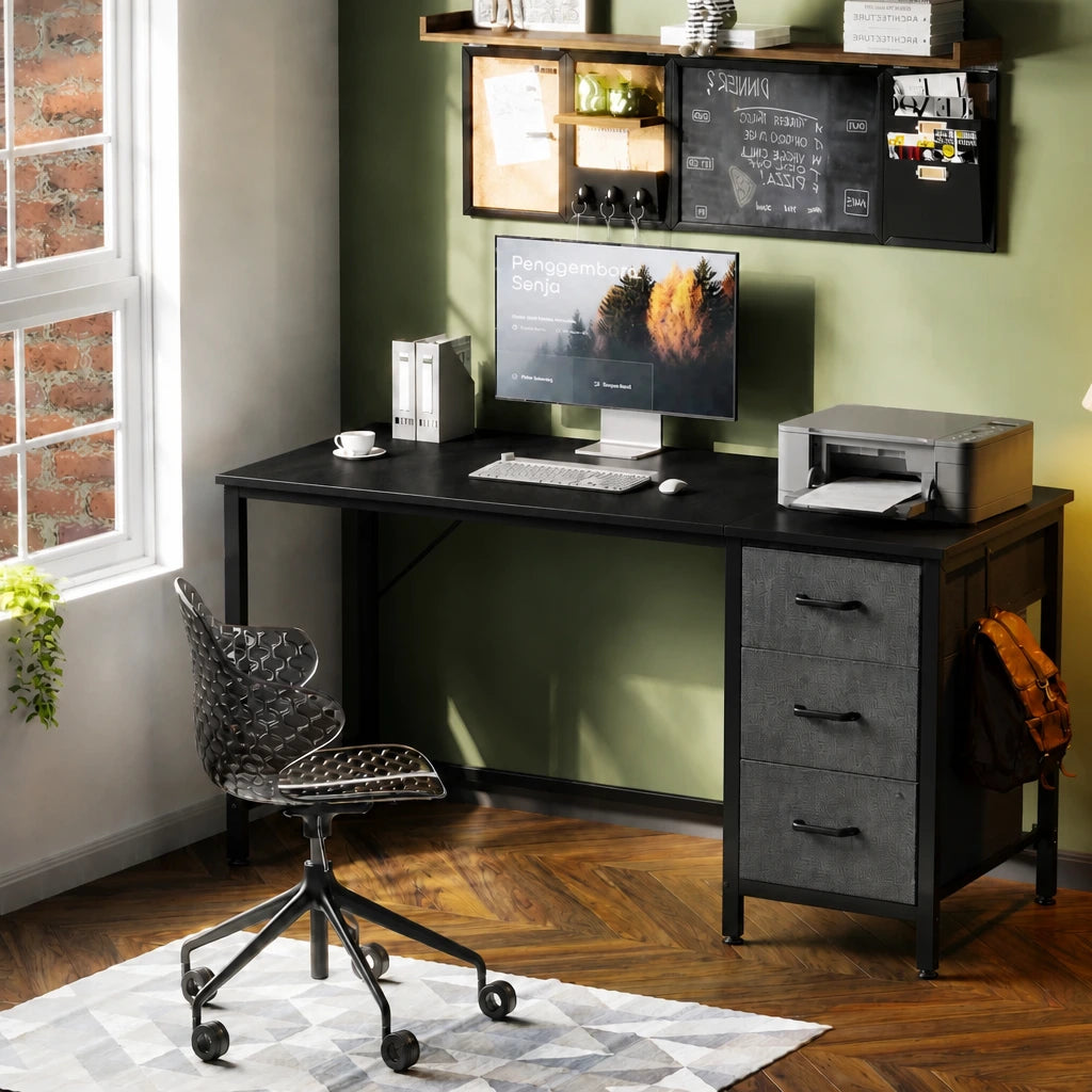Black home office desk with 3 fabric drawers on one side, open storage drawers, printer station, monitor workspace, and side hook for bag in a modern study room.