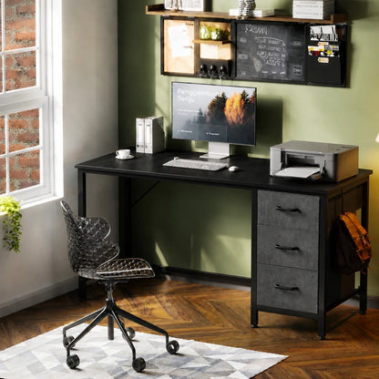 Black home office desk with 3 fabric drawers on one side, open storage drawers, printer station, monitor workspace, and side hook for bag in a modern study room.