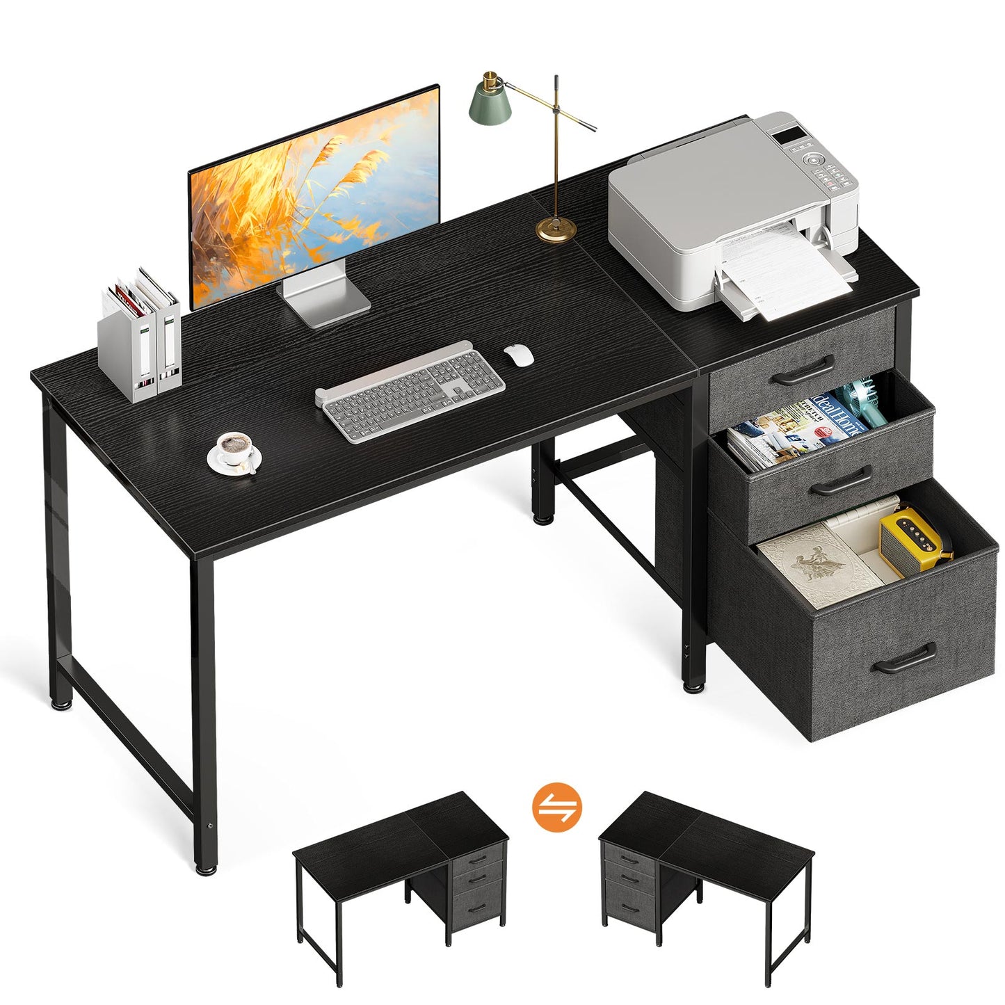 Black single-side 3-drawer office desk with fabric drawers, large work surface, printer and monitor setup, reversible drawer cabinet design, product display on white background.