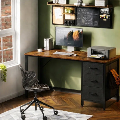Brown home office desk with 3 fabric drawers on one side, open storage drawers, printer station, monitor workspace, and side hook for bag in a modern study room.