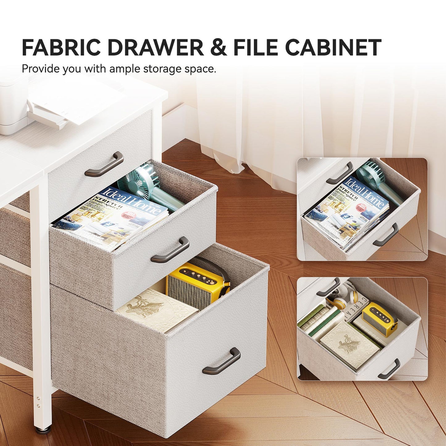 Close-up of fabric drawers and file cabinet on white desk, showing small top drawer and large bottom drawer for magazines, folders, and office supplies.
